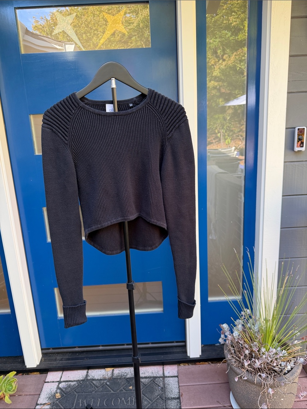 CAbi Black Ribbed Crewneck Cropped Sweater with Shoulder Detail